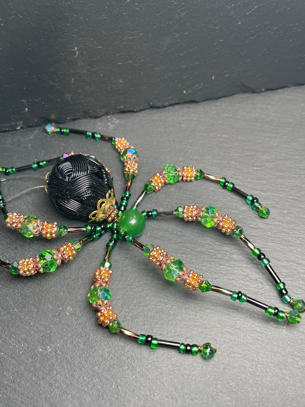 Artisan Made | Green Jade | Black Crystal Beaded Spider | Halloween Ornament - Picture 8 of 14
